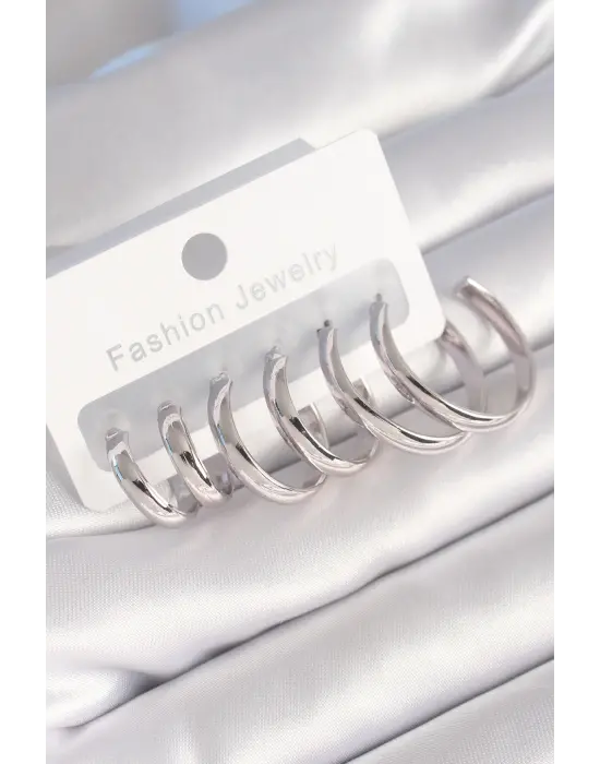  Gümüş Yassı Halka Model Çelik Küpe Seti