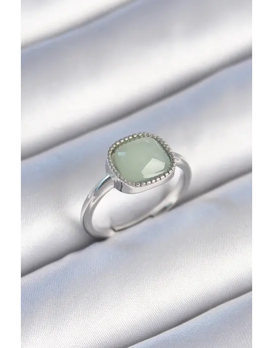  Gümüş Yeşil Kare Mineli Çelik Yüzük