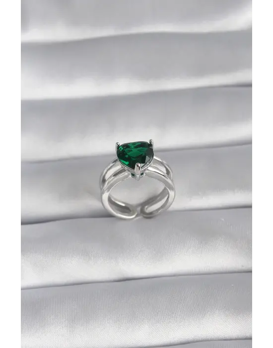  Gümüş Yeşil Zirkon Taşlı Tek Taş Model Çelik Yüzük