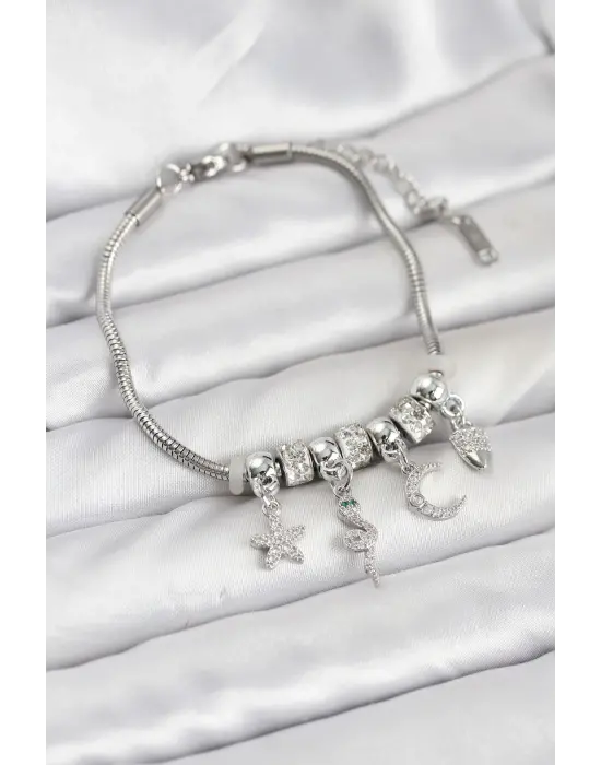 Çelik Gümüş Renk Yılan Charmlı Kadın Bileklik