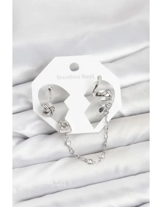 Çelik Gümüş Renk Yılan Model Zincir Bağlantılı Ear Cuff Küpe Seti