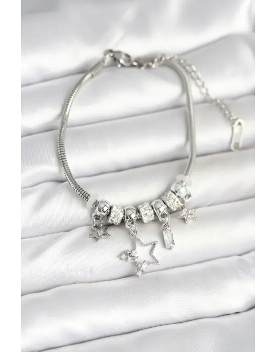 Pirinç Gümüş Renk Yıldız Charmlı Kadın Bileklik