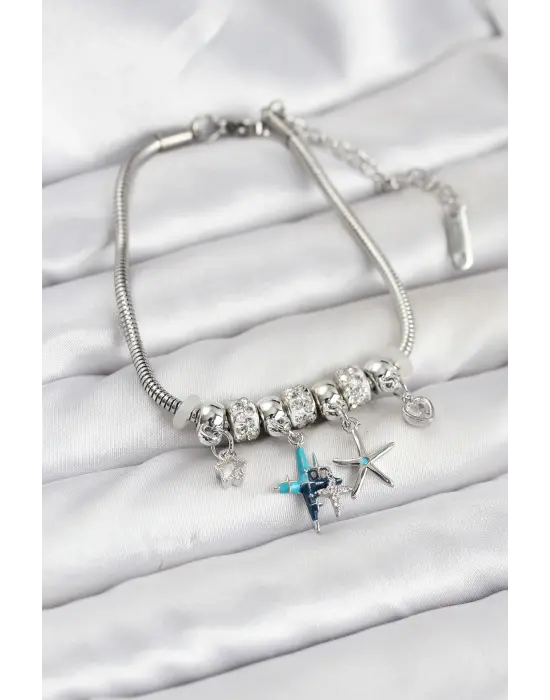 Çelik Gümüş Renk Yıldız Model Charmlı Kadın Bileklik