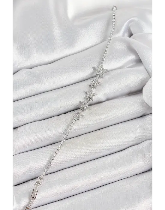 Pirinç Gümüş Renk Yıldız Model Kadın Bileklik