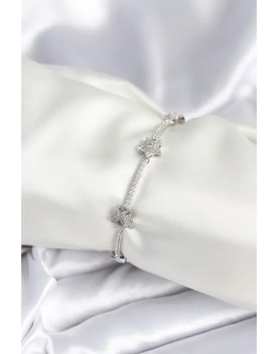 Pirinç Gümüş Renk Yıldız Model Kadın Bileklik