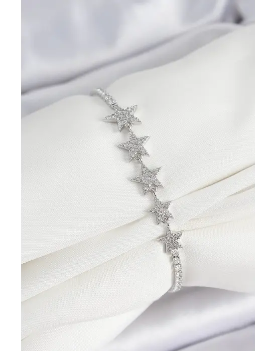 Pirinç Gümüş Renk Yıldız Model Kadın Bileklik