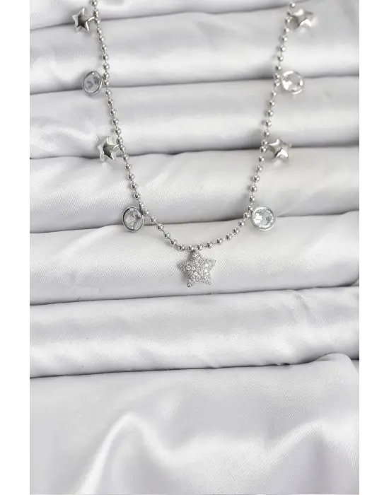Pirinç Gümüş Renk Yıldız Model Kadın Kolye