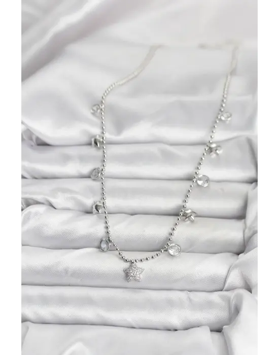 Pirinç Gümüş Renk Yıldız Model Kadın Kolye