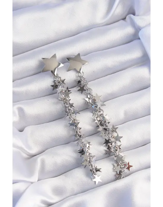  Gümüş Yıldız Model Uzun Sallantılı Küpe