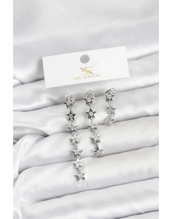 Çelik Gümüş Renk Yıldız Model YSX Trio Küpe Seti