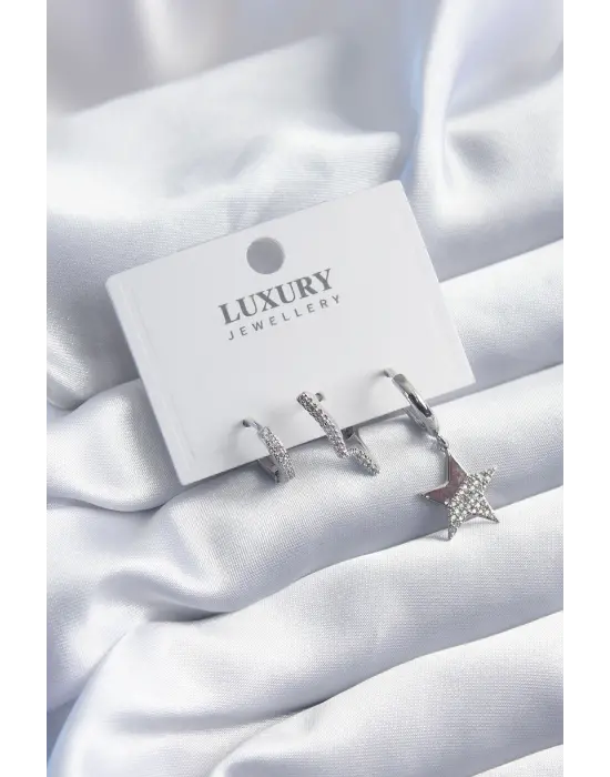 Pirinç Gümüş Renk Yıldız Model Zirkon Taşlı 3lü Kadın Küpe Seti
