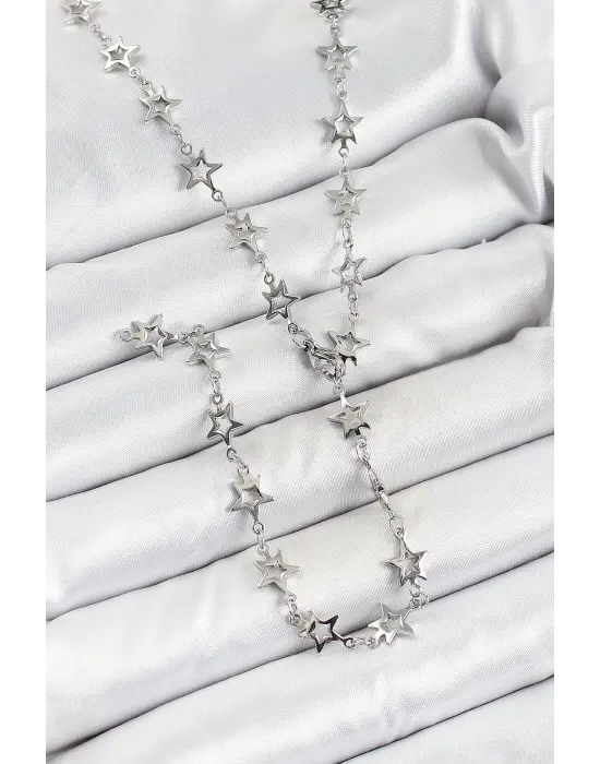 Pirinç Gümüş Renk Yıldızlı Kadın Y Kolye