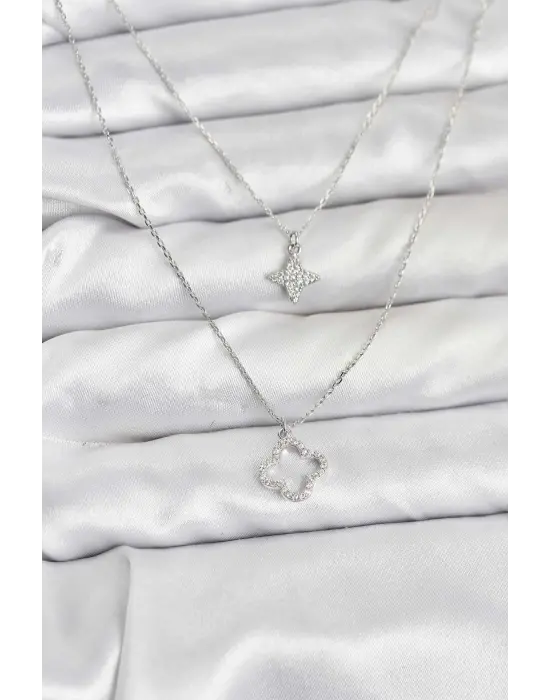 Çelik Gümüş Renk Yonca Model 2li Kadın Kolye