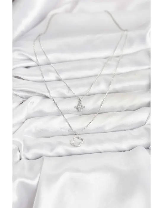 Çelik Gümüş Renk Yonca Model 2li Kadın Kolye