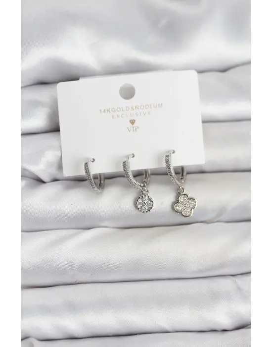 Pirinç Gümüş Renk Yonca Model 3lü Kadın Küpe Seti