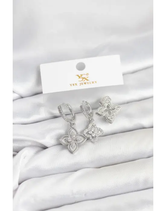 Çelik Gümüş Renk Yonca Model YSX Trio Küpe Seti