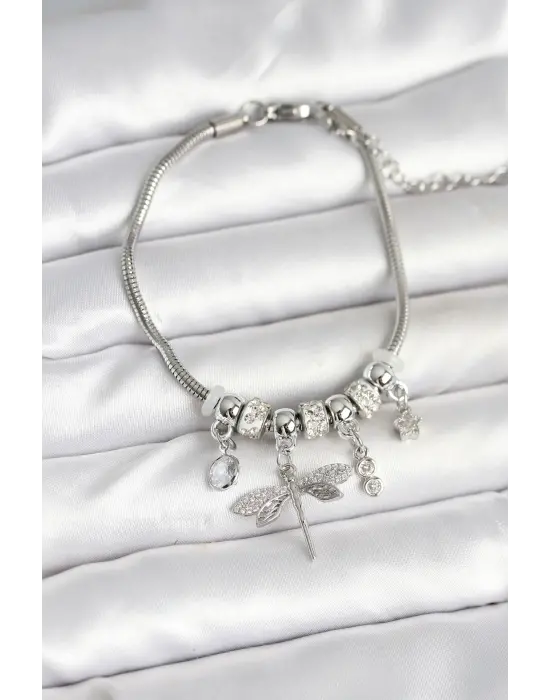 Pirinç Gümüş Renk Yusufçuk Charmlı Kadın Bileklik