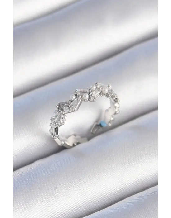  Gümüş Zikzak Model Zirkon Taşlı İnci Detay Çelik Yüzük