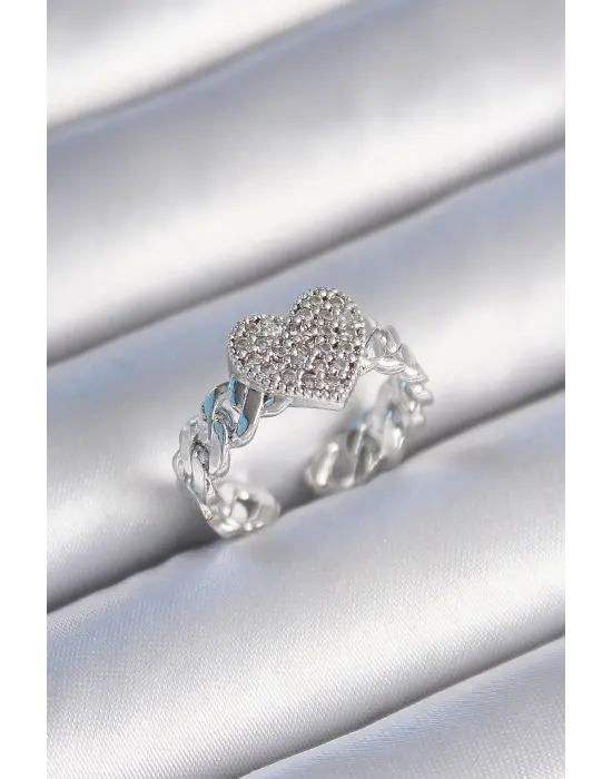  Gümüş Zincir Kordon Zirkon Taşlı Kalp Model Çelik Yüzük