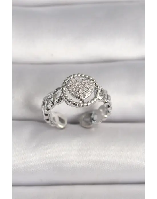  Gümüş Zincir Model Zirkon Taşlı Kalp Model Çelik Yüzük