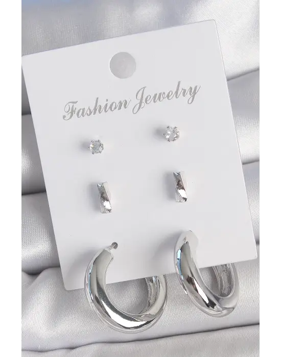 Pirinç Gümüş Renk Zirkon Taş Detay Halka Model 3 Çift Kadın Küpe Seti