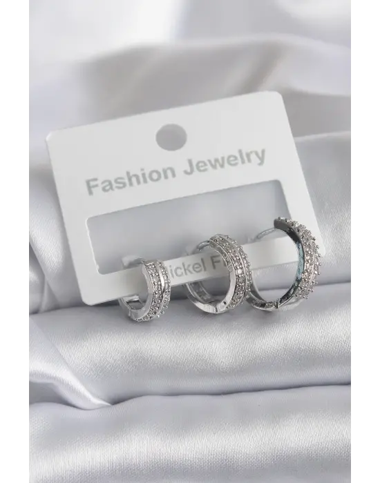  Gümüş Zirkon Taş Detay Halka Model Çelik Küpe