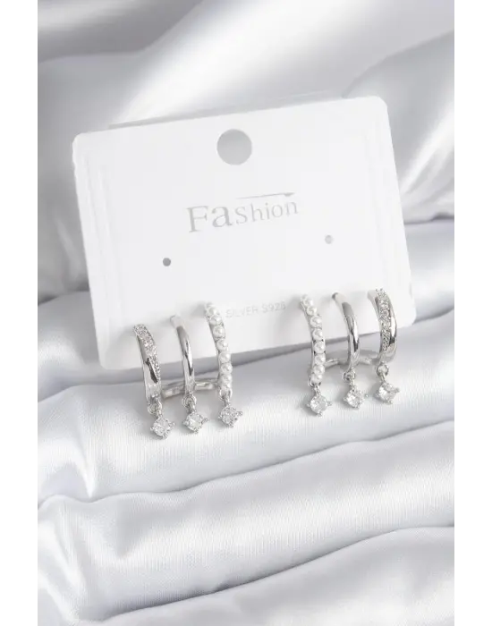  Gümüş Zirkon Taş Detay İncili Çelik Küpe