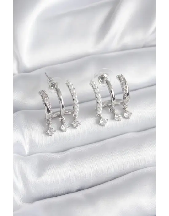  Gümüş Zirkon Taş Detay İncili Çelik Küpe