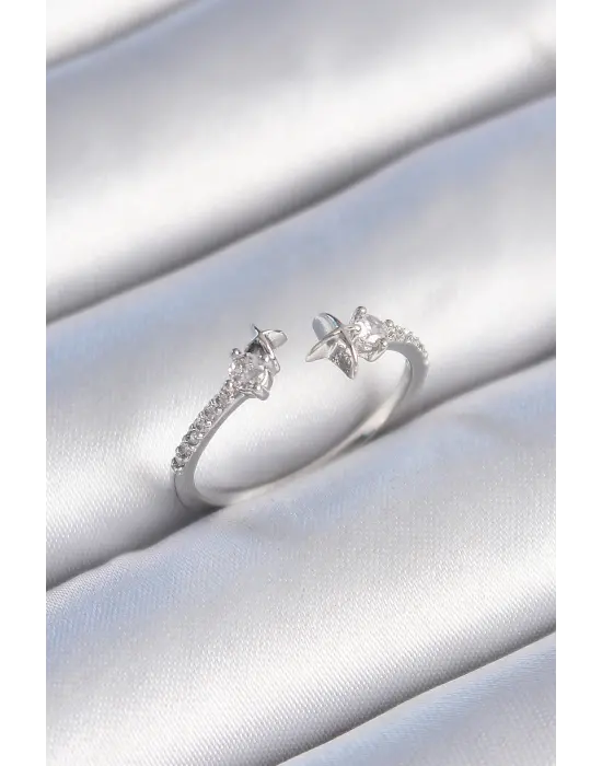  Gümüş Zirkon Taş Detay Yıldız Model Çelik Yüzük