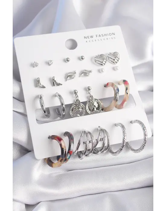  Gümüş Zirkon Taş Detaylı 12 Çift Çelik Küpe