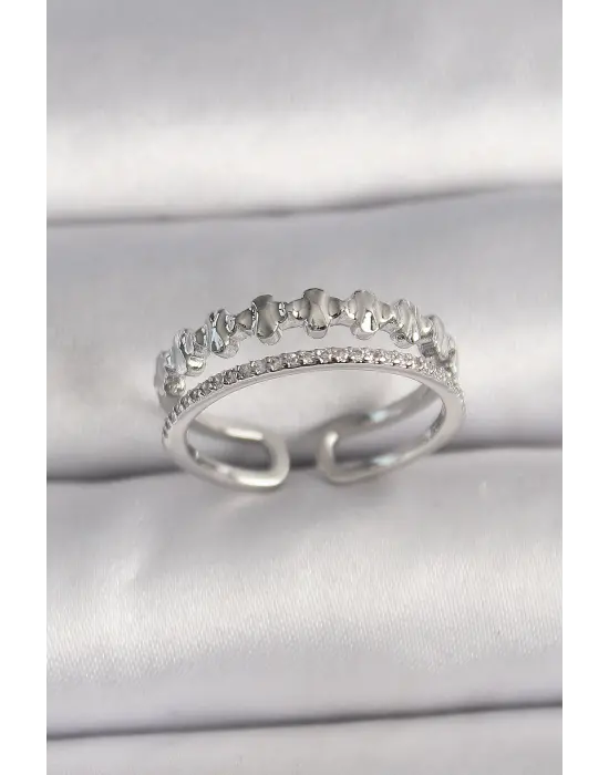  Gümüş Zirkon Taş Detaylı Ayarlanabilir Çelik Yüzük