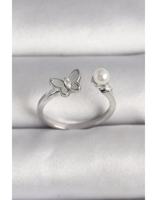  Gümüş Zirkon Taş Detaylı Beyaz Mineli Kelebek Figür İnci Detay Ayarlanabilir Yüzük