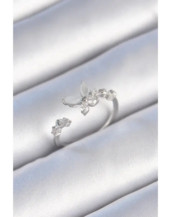  Gümüş Zirkon Taş Detaylı Beyaz Mineli Kelebek Model Çelik Yüzük