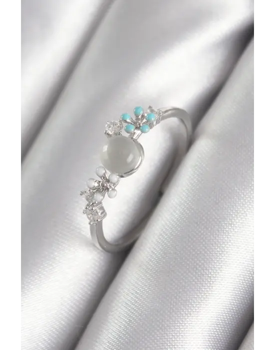  Gümüş Zirkon Taş Detaylı Beyaz Sedefli Çiçek Model Çelik Yüzük