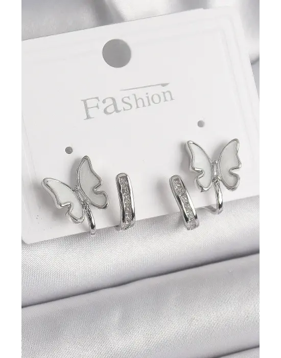  Gümüş Zirkon Taş Detaylı Beyaz Sedefli Kelebek Model Çelik Küpe