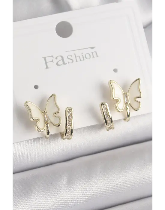  Gümüş Zirkon Taş Detaylı Beyaz Sedefli Kelebek Model Çelik Küpe