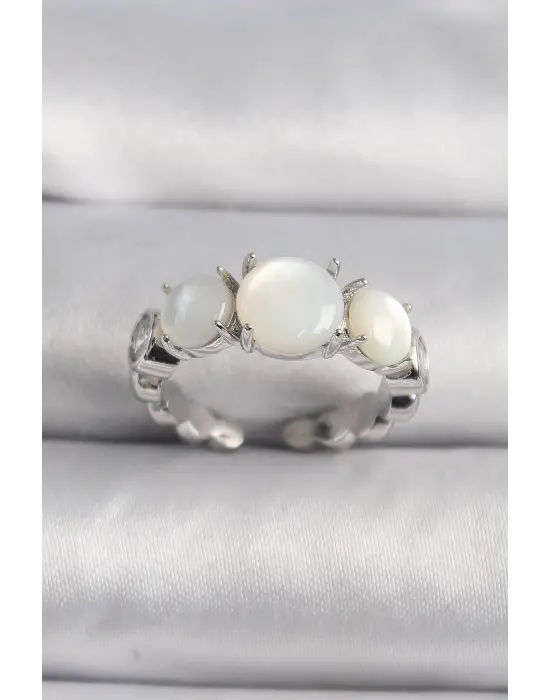  Gümüş Zirkon Taş Detaylı Beyaz Sedefli VIP Seri Çelik Yüzük