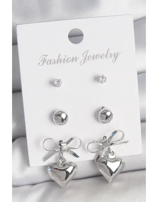 Pirinç Gümüş Renk Zirkon Taş Detaylı Fiyonk Sallantılı Kalp Model Kadın 3 Çift Kadın Küpe Seti