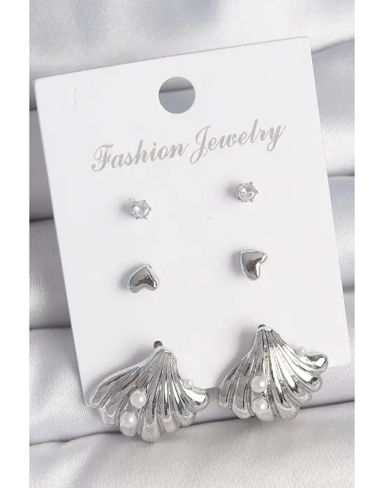 Pirinç Gümüş Renk Zirkon Taş Detaylı İnci Detaylı Deniz Kabuğu Model 3 Çift Kadın Küpe