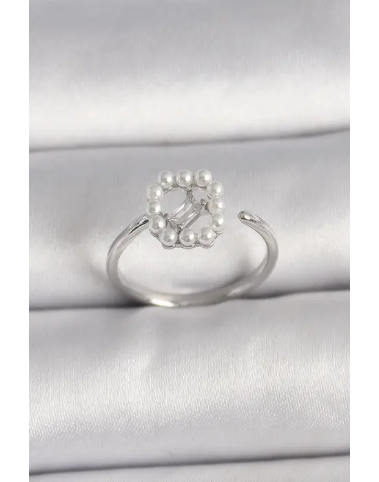  Gümüş Zirkon Taş Detaylı İncili Ayarlanabilir Yüzük