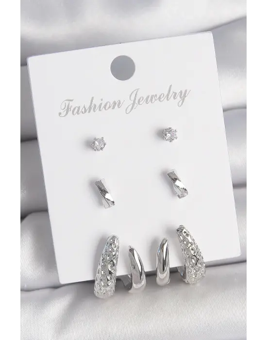 Pirinç Gümüş Renk Zirkon Taş Detaylı İşlemeli Motif Model 3 Çift Kadın Küpe Seti