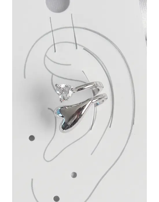 Pirinç Gümüş Renk Zirkon Taş Detaylı Kalp Model Kadın Kıkırdak Küpe