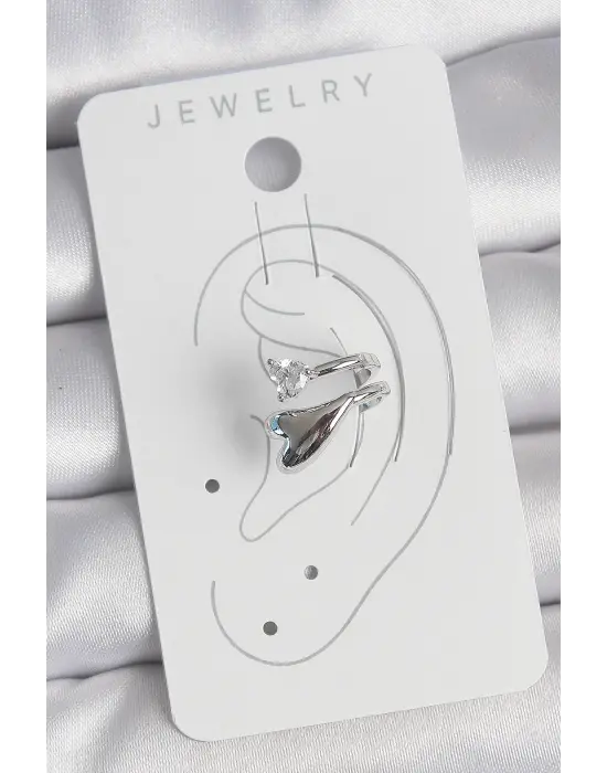 Pirinç Gümüş Renk Zirkon Taş Detaylı Kalp Model Kadın Kıkırdak Küpe