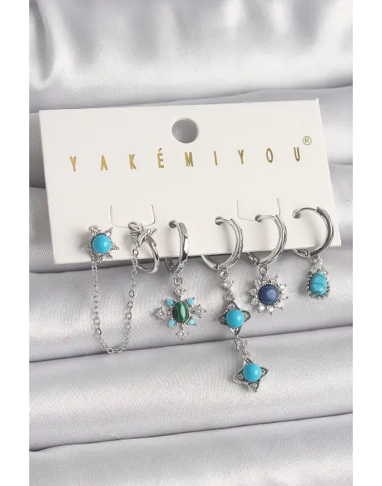 Gümüş Zirkon Taş Detaylı Mavi Boncuklu Çiçek Model VIP Seri Çelik Küpe Kombini