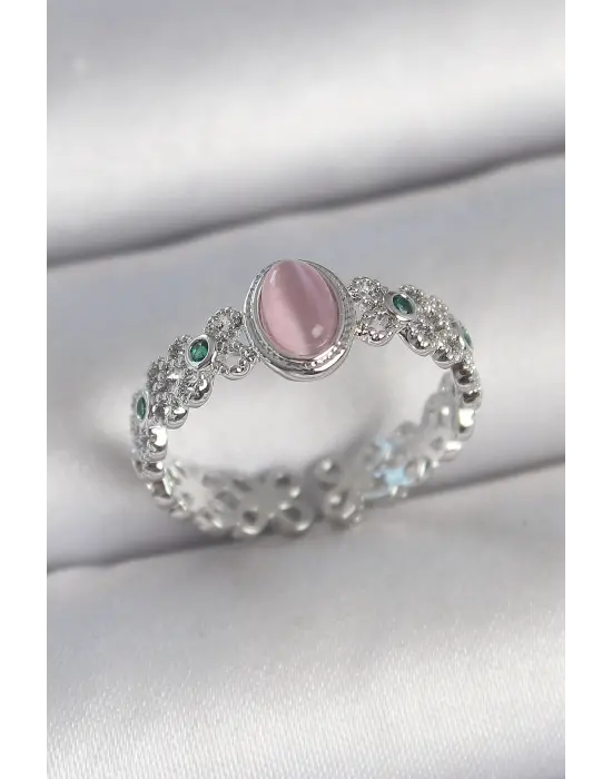 Pirinç Gümüş Renk Zirkon Taş Detaylı Pembe Mineli Damla Model Ayarlanabilir Kadın Yüzük