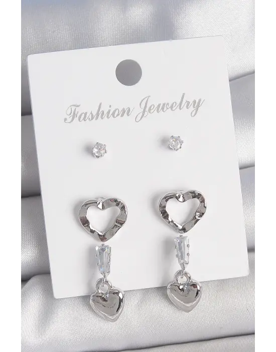 Pirinç Gümüş Renk Zirkon Taş Detaylı Sallantı Model 2 Çift Kadın Küpe Seti