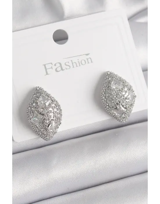  Gümüş Zirkon Taş İşlemeli Damla Model Çelik Küpe