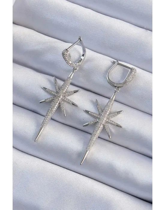  Gümüş Zirkon Taş Kaplama Kutup Yıldızı Tasarımlı Çelik Küpe