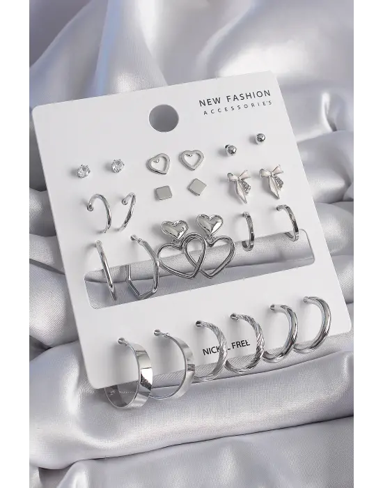  Gümüş Zirkon Taşlı 12 Çift Çelik Küpe Seti