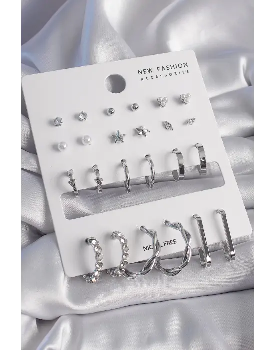  Gümüş Zirkon Taşlı 12 Çift Çelik Küpe Seti